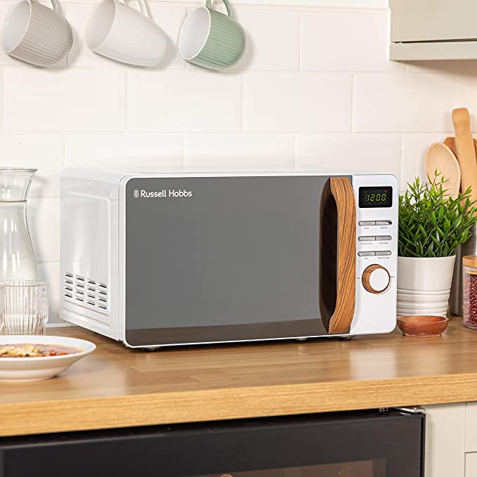 Russell Hobbs RHMD714 17 L 700 W Scandi White Digital Microwave with 5 Power Levels, Clock & Timer, Automatic Defrost, Easy Clean, 8 Auto Cook Menus