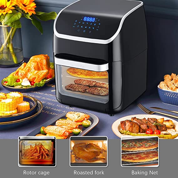 TUOKE Air Fryer Rotisserie Oven, Large Capacity 12L, 1800W - Cooking Window - 9 Preset Menus, with LED Touch Screen, Temperature Control for Bake