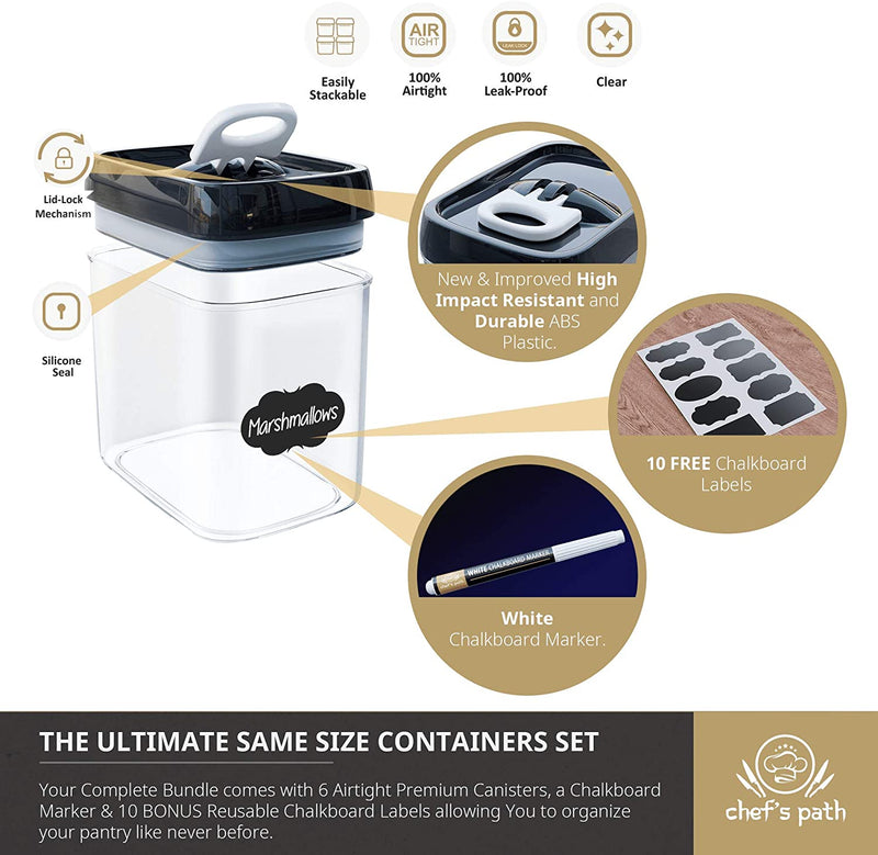 Chef's Path Airtight Food Storage Container Set - Kitchen & Pantry Containers - BPA-Free - Clear Plastic Canisters with Durable Lids 6 Piece Set 1.5L