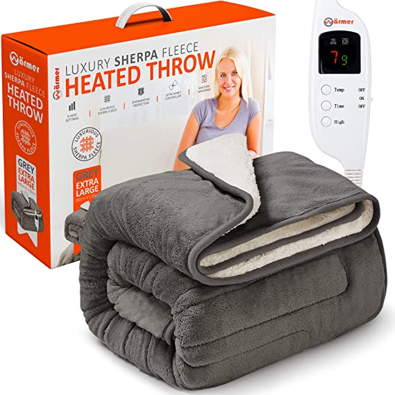Warmer Electric Heated Throw Blanket - Extra Large 130 x 180cm Digital Controller - Timer, 9 Heat Settings, Auto Shutoff, Machine Washable - Grey