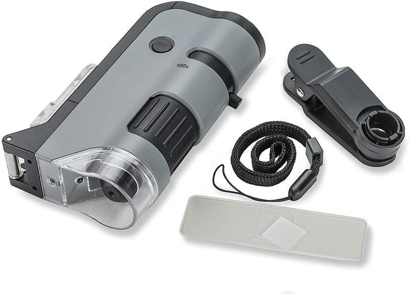 Carson MicroFlip 100-250x LED Lighted Pocket Microscope with Smartphone Digiscoping Adapter Clip, Grey