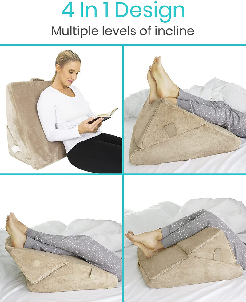 Xtra-Comfort Bed Wedge Pillow - Folding Memory Foam Incline Cushion System for Back and Legs - Triangle Shaped for Reading, Support - Washable (Brown)