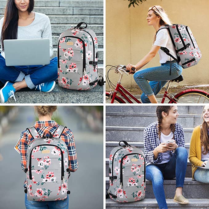 AMBOR Laptop Backpack 17.3 Inch for Women, Anti-Theft Travel Rucksack Bag with USB Charging Port, Water Resistant College School Daypack Floral