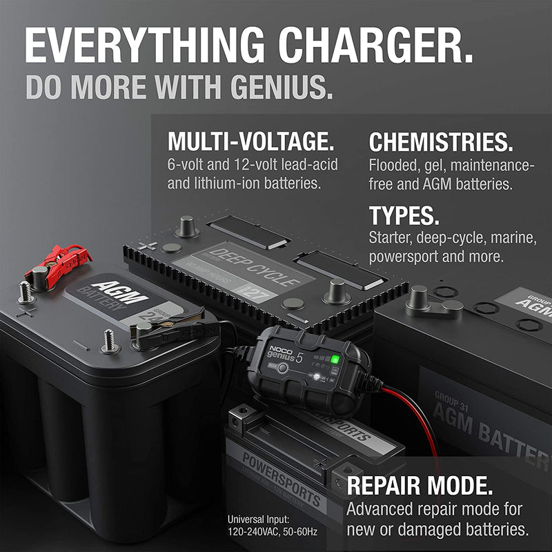 Designed for 6-volt and 12-volt lead-acid automotive, marine, and deep-cycle batteries, including flooded, gel, AGM, and maintenance-free, plus lithium-ion batteries.
