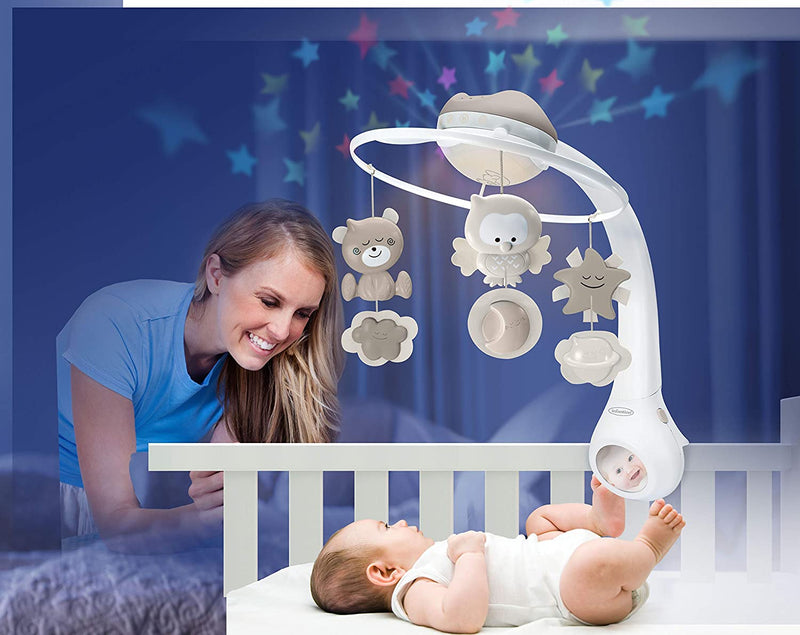Infantino 3-in-1 Musical Mobile Projector features a playful teddy bear, owl and star which are suspended above your little one, helping to keep them entertained.