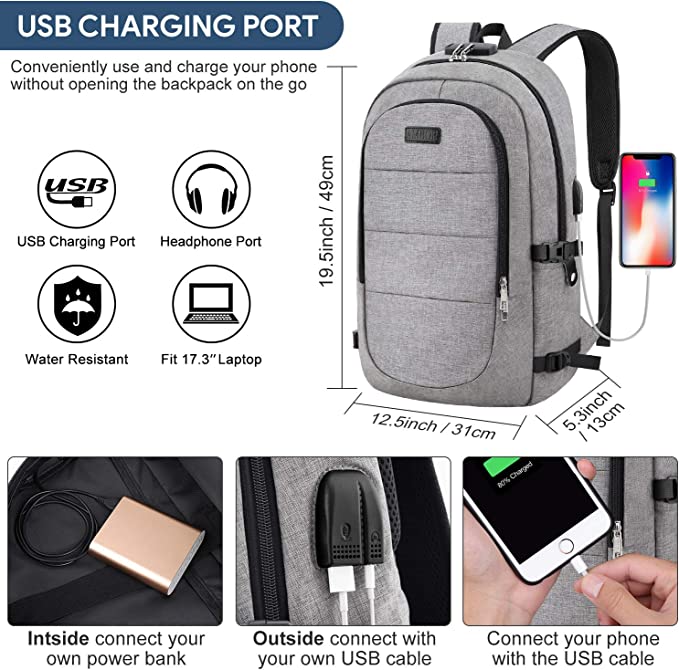AMBOR Laptop Backpack 17.3 Inch, Anti-Theft Business Travel Rucksack Bag with USB Charging Port, Water Resistant College School Computer Daypack Grey