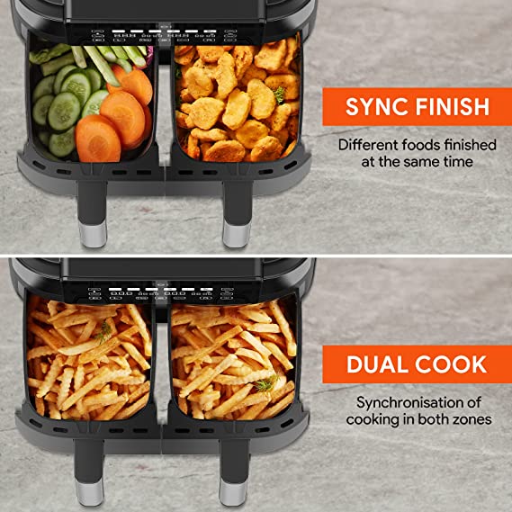 Ultenic K20 Dual Air Fryer with 2 Independent Frying Baskets, Large Capacity 7.6L Family Sized, 100+ Recipes, Dishwasher-Safe [Energy Class A+++]