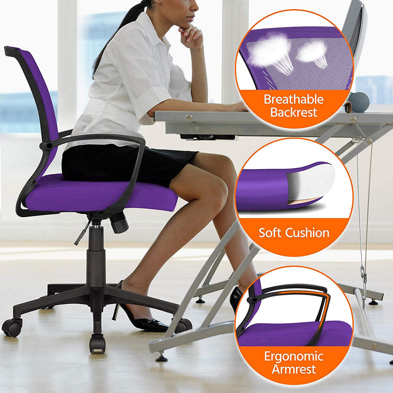 Yaheetech Adjustable Office Chair Ergonomic Executive Mesh Swivel Comfy Work Desk Computer Chair with Arms/Height Adjustable Purple