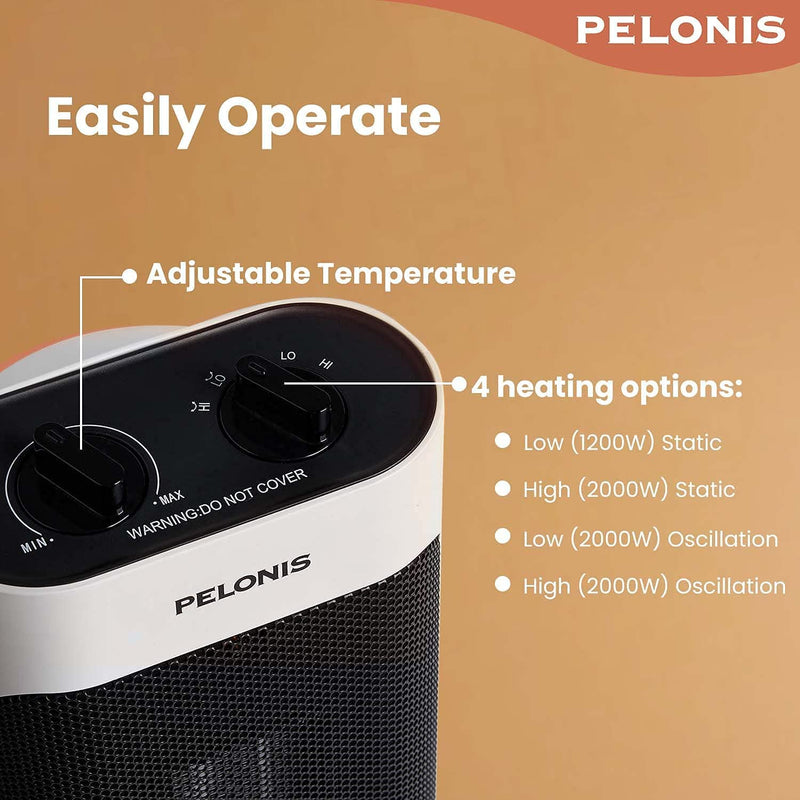 PELONIS Electric Space PTC Heater 2000W, Portable Ceramic Heater, 70° Oscillation, 7° Slant & 20% Wider Coverage, Faster Heating, Thermostat, White