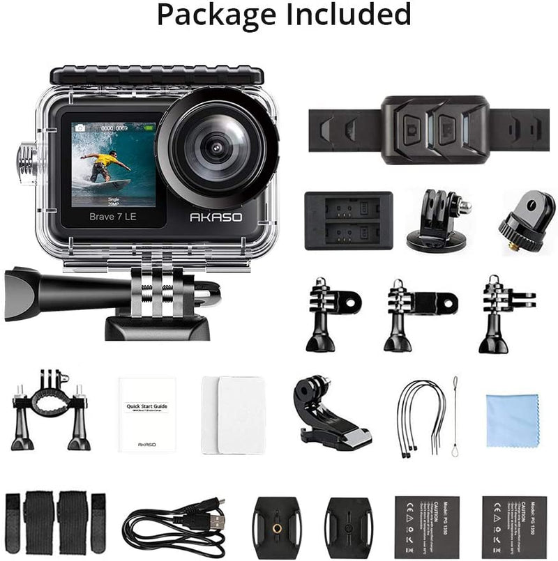 AKASO Brave 7 LE Dual Screen WiFi Sports Action Camera, IPX7 Waterproof Native 4K 20MP, EIS Touch Screen, Underwater 40m Cam, 2X 1350mAh Batteries