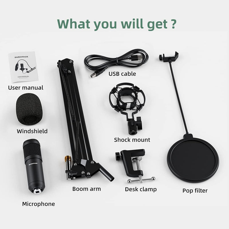 SUDOTACK USB Streaming Podcast PC Microphone Set, 192KHZ/24Bit Studio Cardioid Condenser Mic Kit with sound card Boom Arm Shock Mount Pop Filter