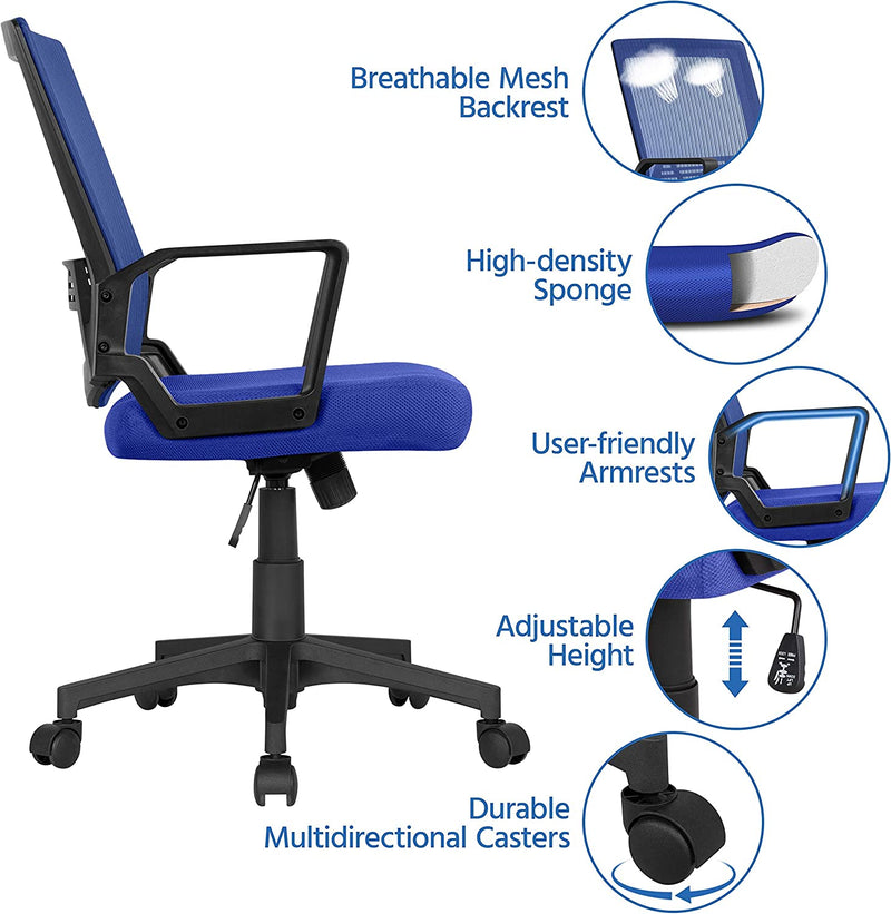 Yaheetech Adjustable Computer Chair Ergonomic Mesh Work Chair Reclining Mid-Back Study Chair with Comfy Lumbar Back Support for Home Office Blue