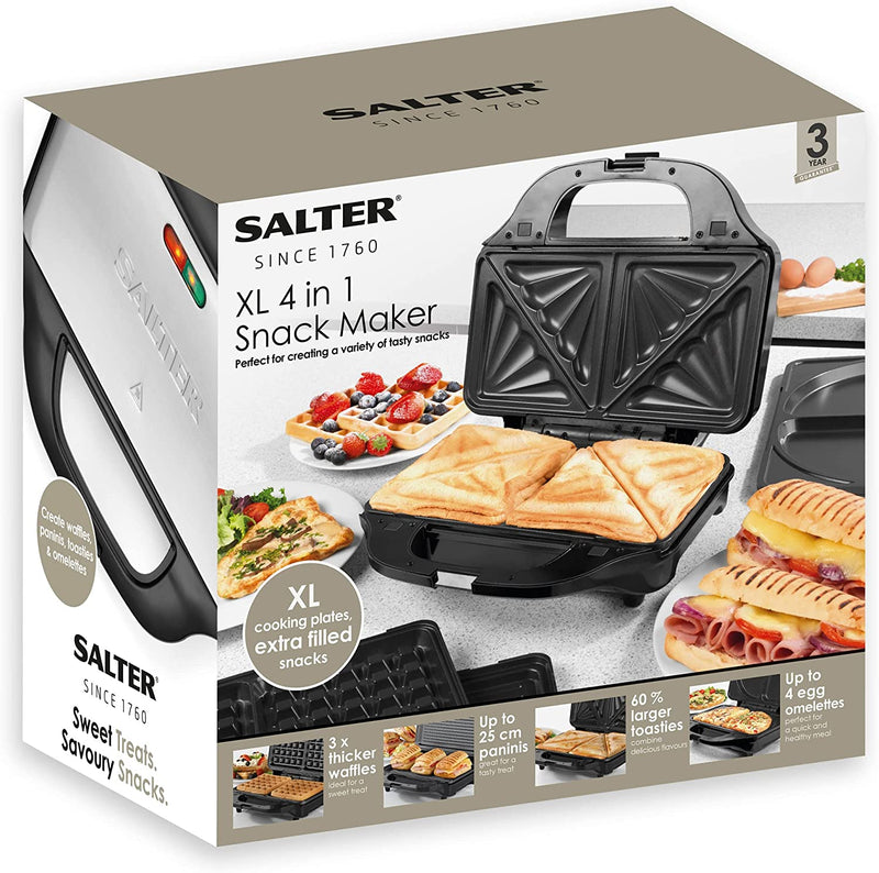 Salter XL 4-in-1 Snack Maker, Interchangeable Non-Stick Cooking Plates, Panini Press, Electric Omelette Cooker, Waffle, Toastie Sandwich Toaster
