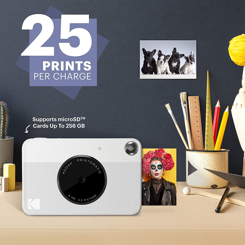 Kodak Printomatic Digital Instant Print Camera - Full Color Prints On ZINK 2 x 3 Inch Sticky-Backed Photo Paper (Grey) Print Memories Instantly