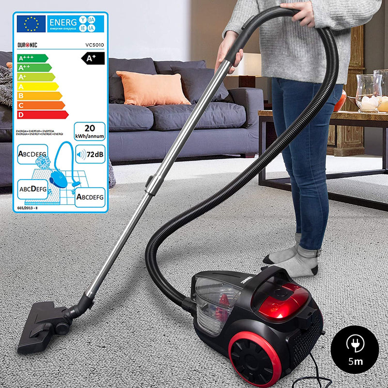 Duronic Bagless Cylinder Vacuum Cleaner VC5010 | Cyclonic Carpet and Hard Floor Cleaner | 500W | HEPA Filter | Extendable Hose [Energy Class A+]