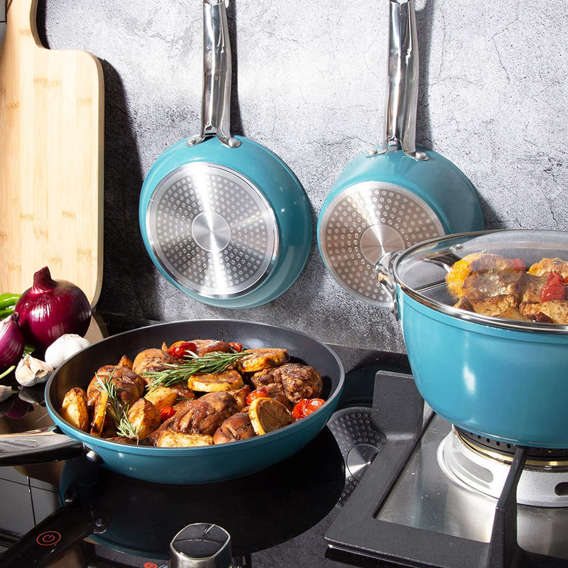 CUSIBOX Cookware Set Ceramic Nonstick Pan & Pot Set 8 Piece, Stock Pot, Frying Pan, Saucepan, Casserole, Saute Pan Glass Lid | Induction |