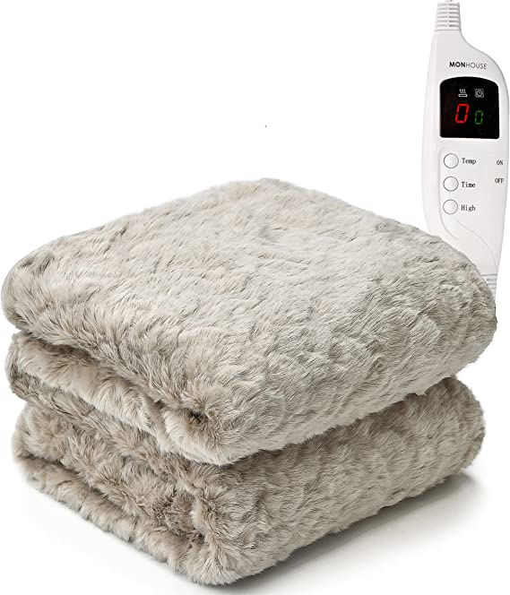 MONHOUSE Heated Throw - Electric Blanket - Digital Controller - Timer up to 9 hours, 9 Heat Settings, Auto Shutoff, Machine Washable - 130X160cm - FUR