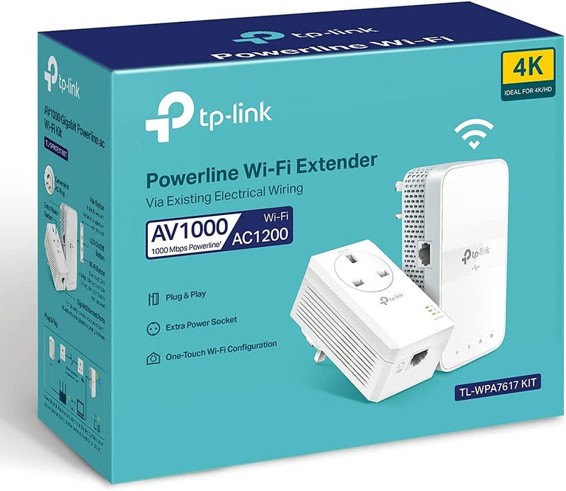 TP-Link AV1000 Gigabit Passthrough Powerline AC Wi-Fi Kit, Dual Band Speed 1200 Mbps, Wi-Fi Extender/ Booster, Extra Power Socket (TL-WPA7617 KIT)