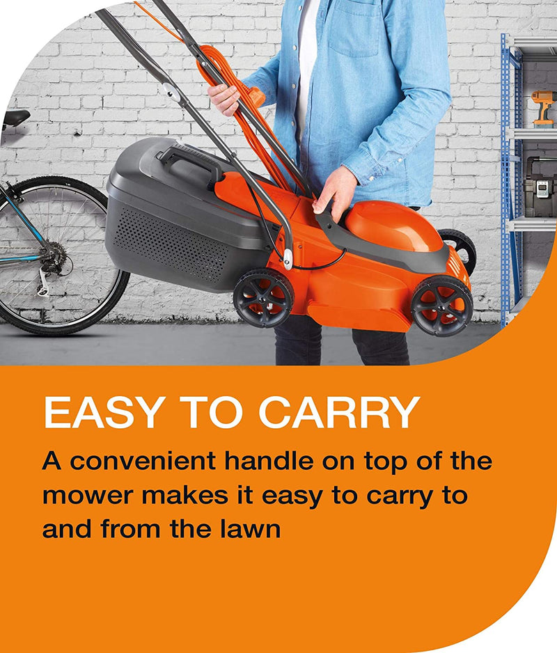 A convenient handle on top of the mower makes it easy to carry to and from the lawn.