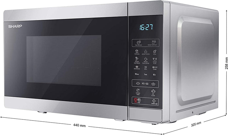 SHARP YC-MG02U-S 800W Digital Touch Control Microwave with 20 L Capacity, 1000W Grill & Defrost Function – Silver [Energy Class A+]