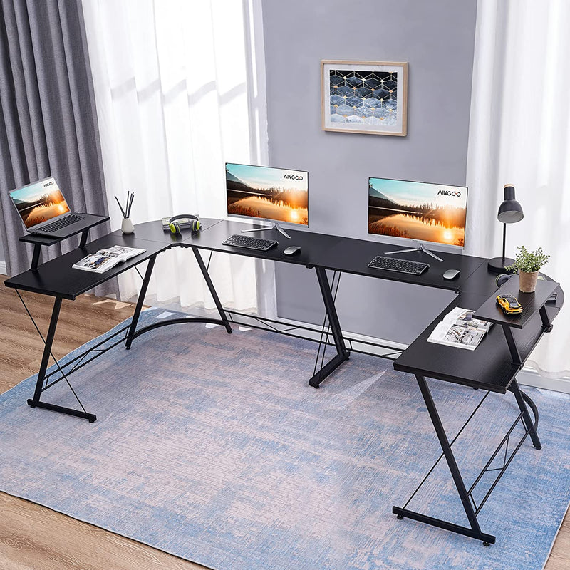 Aingoo Corner Desk L Shaped Gaming Computer Desk for Home Office Workstation with Monitor Stand, 128.5 * 128.5 * 75 cm Black