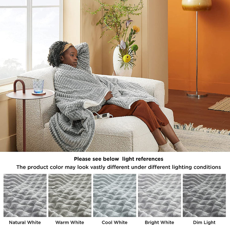 Bedsure Electric Heated Throw Blanket - Single Heat Over Blanket Machine Washable Soft Fleece Sherpa Electric Blanket for Sofa, Grey, 130X160cm