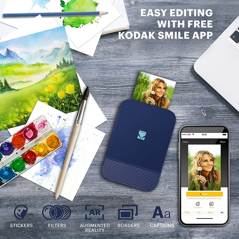 KODAK Smile Instant Digital Printer – Pop-Open Bluetooth Mini Printer for iOS and Android – Edit, Print and Share 2x3 ZINK Photos FREE Smile App Blue