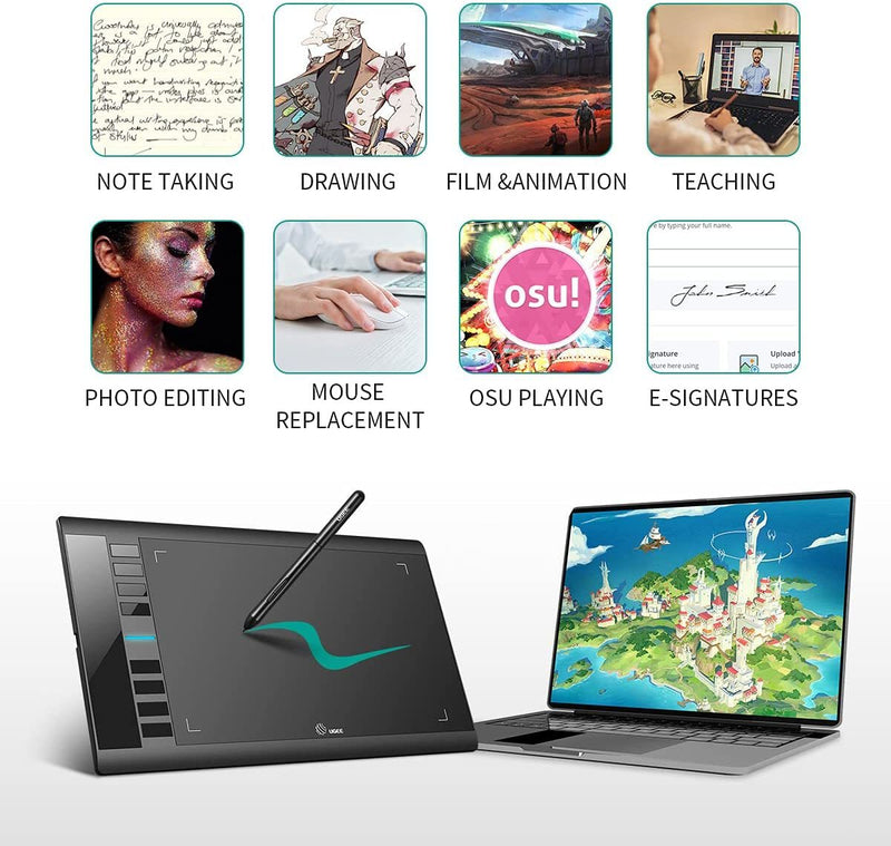 8 customizable express keys on the side for short cuts like eraser, zoom in and out, scrolling and undo, provide a lot more for convenience and helps to improve the productivity and efficiency when creating with the drawing tablet;