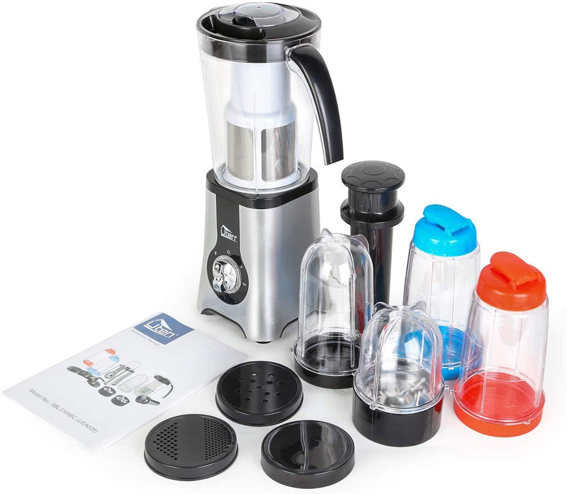One blender with 1.25L capacity, 1 blending cup, 1 low blending cup, 2 bottles, 3 types of covers, grinding attachment and juicing attachment.