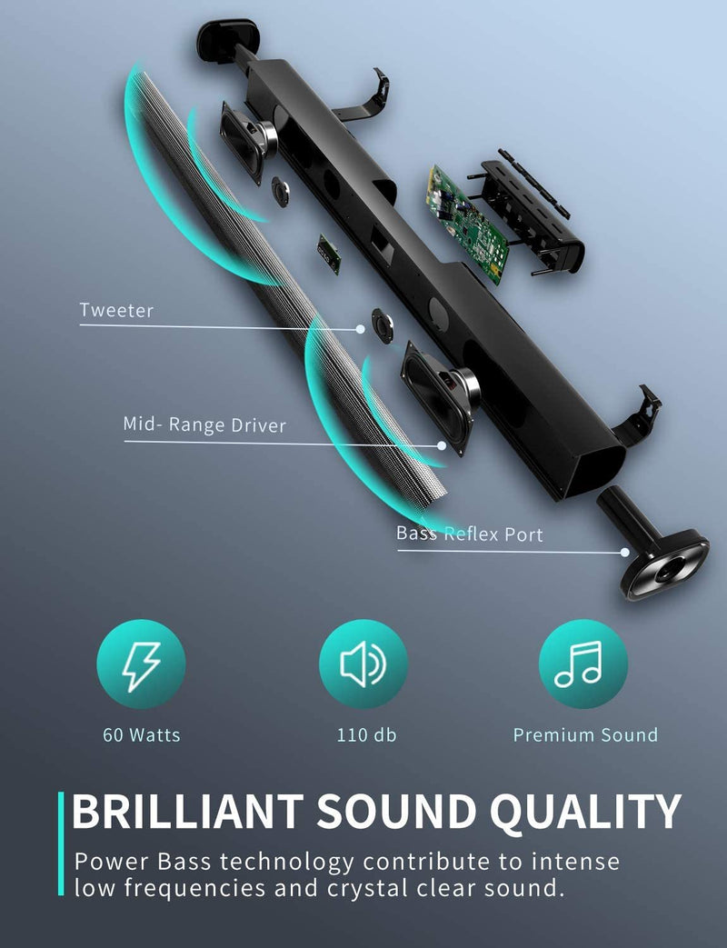 Sound Bar for TV with Built-in Subwoofer, Bluetooth 5.0