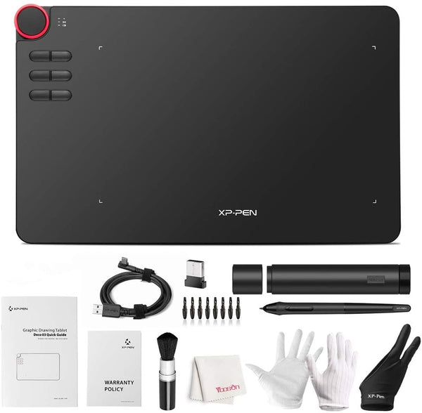 XP-PEN DECO 03 newly designed drawing tablet with 10x5.62 inch large drawing area and full screen scratch free protective layer offers grand creation space for natural and smooth digital art creation without leaving any scratch on the surface;