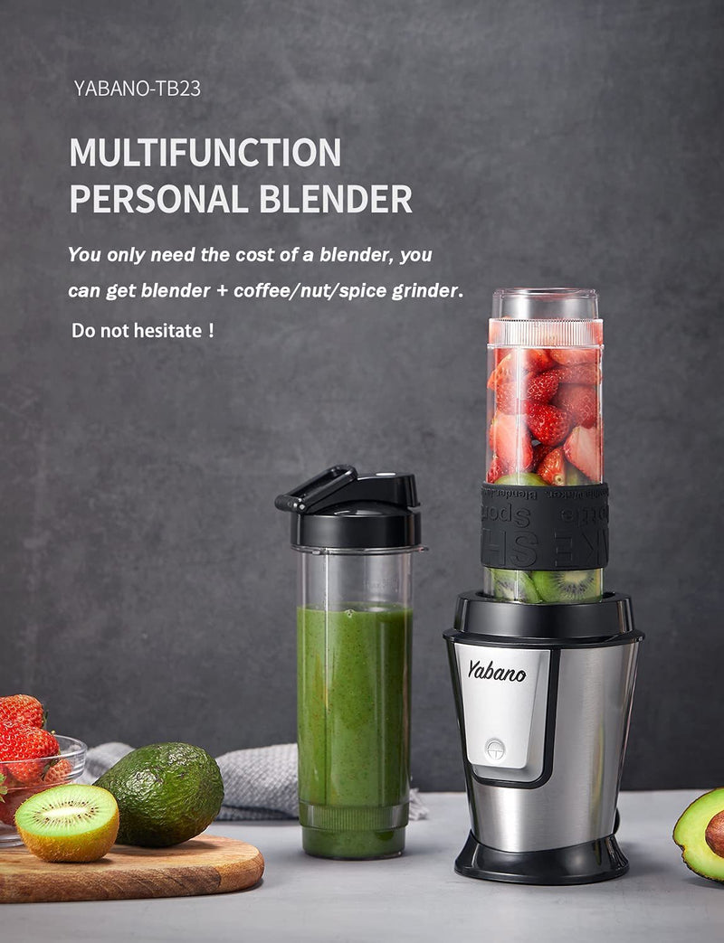 Yabano Blender Smoothie Makers 500W, 2 in 1 Multi-functional Personal Blender Mixer with 2x600ml Portable Bottles and 200ml Grinder, BPA-Free