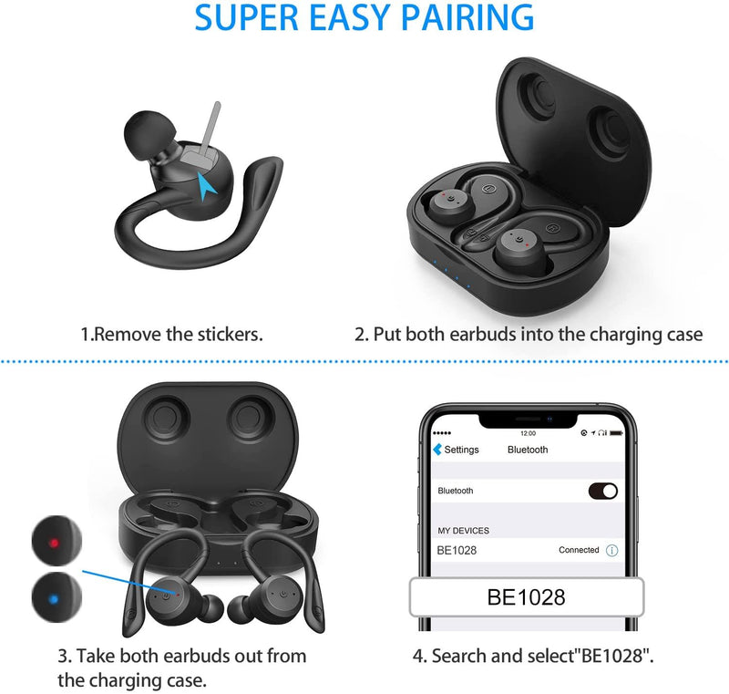 Sport Ergonomic Design Headphones APEKX True Wireless Bluetooth 5.1 Sports Earbuds, IPX7 Waterproof Stereo Sound, Built-in Mic Earphones,Supporting Wireless Charging(Black)