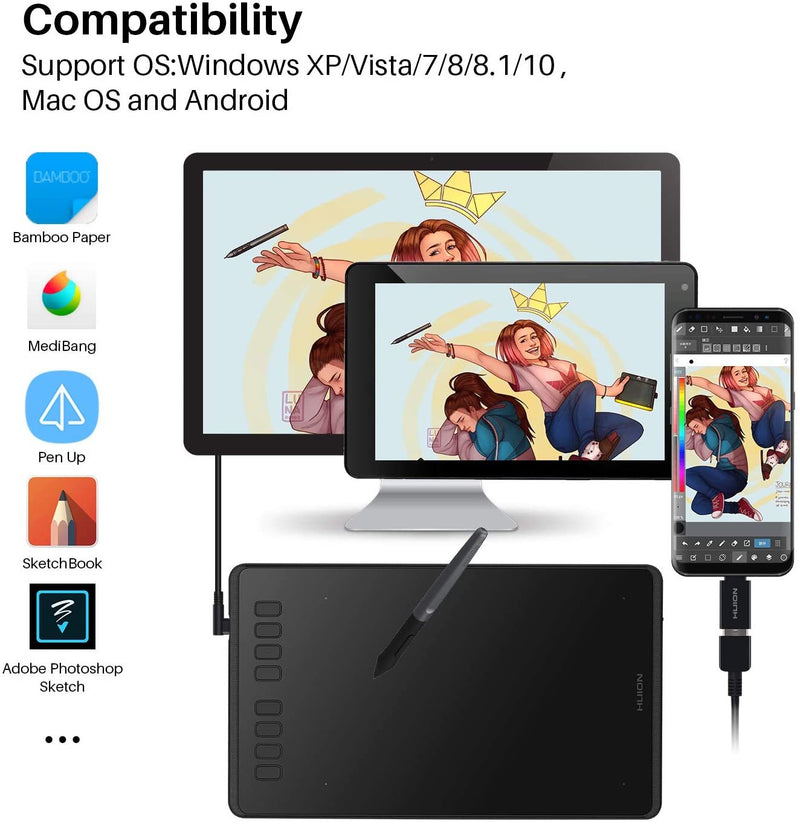 The highest and Professional Configuration: Huion INSPIROY H950P Graphic Drawing Tablet is equipped with the industry's highest 8192 levels of pressure sensitivity, 233PPS report rate, and 5080LPI screen resolution.