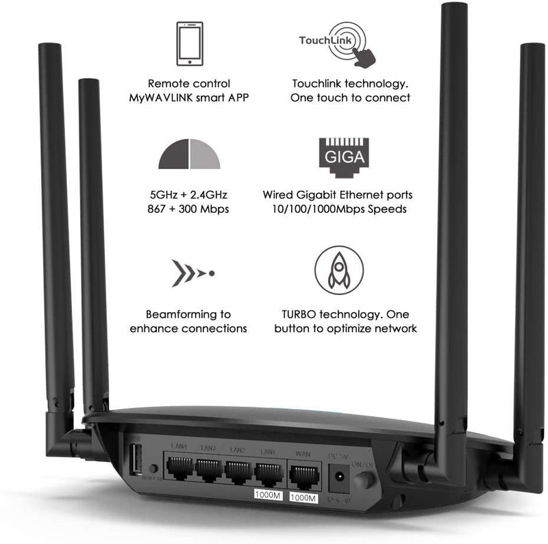 WAVLINK AC1200 Dual Band WiFi Router, 867Mbps/5GHz + 300Mbps/2.4GHz, 1x USB2.0 Port, Supports Touch Link, Guest Mode, for Home and Office