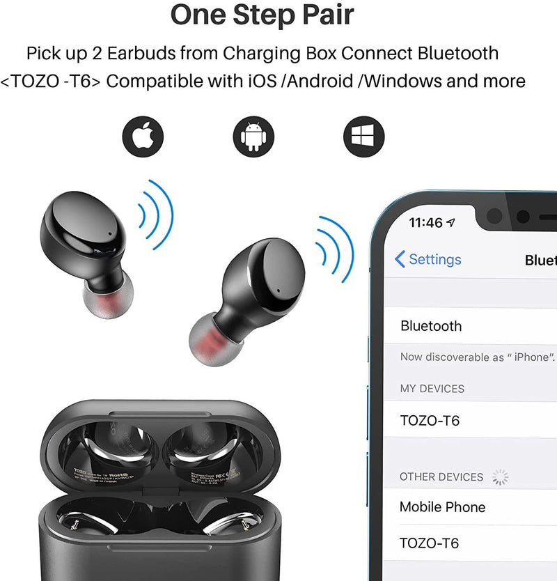 TOZO T6 True Wireless Earbuds Bluetooth Headphones Touch Control with Wireless Charging Case IPX8 Waterproof Earphones in Ear Built in Mic Headset