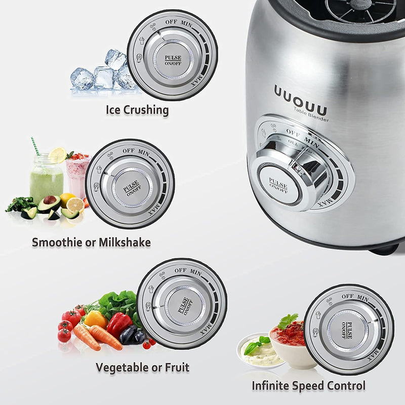 [3 Functions & Various Speeds] : UUOUU Table blender is provided with four modes: “Ice Crushing” gear, “Smoothie” gear, “Vegetable or Fruit” gear & Infinite Speed Control. You can choose the function you want according to the desired mixing effect.