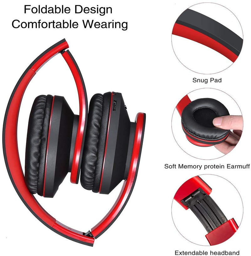 Wireless Bluetooth Headphones Over Ear, Rydohi Hi-Fi Stereo Headset with Deep Bass, Foldable and Lightweight, Wired and Wireless Modes Built in Mic for Cell Phones, TV, PC and Traveling Black-Red