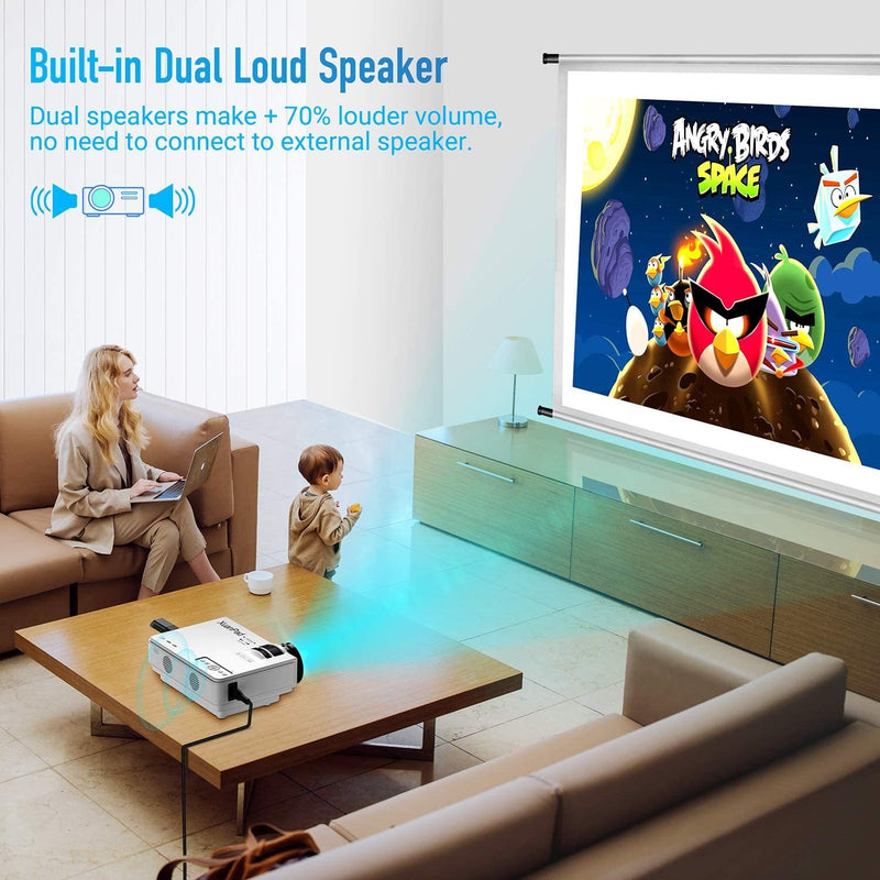 【Big Screen & Built-in Speakers】The compact projector has a 32~170 inches projection display size with 1m to 5m projection distance