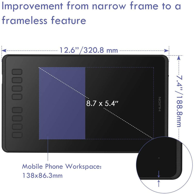 Full Lamination Technology】: Huion H950P graphic drawing tablet's application of full lamination technology and improvement from narrow frame to a frameless feature get rid of inconvenience caused by the previous tablet structure, which in turn facilitate users' workflow and offer broader space for your inspiration.
