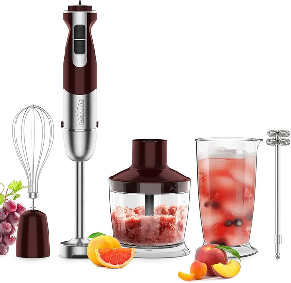 Healthomse 5 in 1 immersion stick blender set includes 1 x blender shaft, 1 x 304 stainless steel egg whisk, 1 x milk frother attachments, 1 x 4-leafs bades food chopper (500ml), 1 x 700ml mixing beaker
