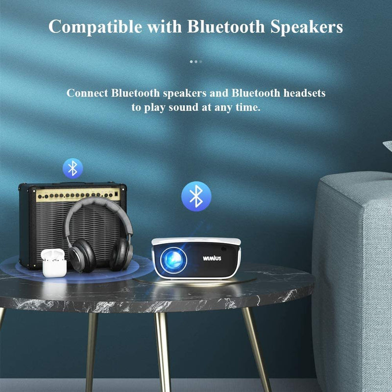 WiMiUS mini video projector built-in latest Bluetooth 5.0 chip which can wirelessly connect your Bluetooth speaker, headphone, no worry for disturbing your family's sleep