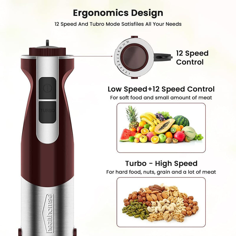 12 Adjustable Speed and Turbo Function: The powerful hand blender 800W features with 12 speed and turbo settings that provide a wide range of speed settings and precise control to meet your different cooking needs