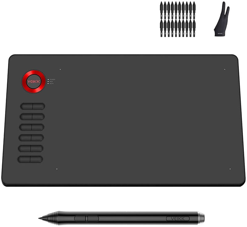 [Ultra Large Drawing Area & More accessories] VEIKK A15 graphic tablet comes with 10x6 inch active area, and it is thin (only 9mm)