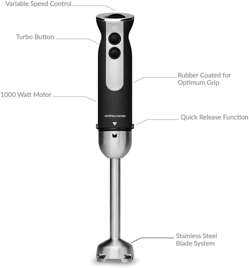 This hand blender has a powerful 1000w motor to help you blitz through your food processing.