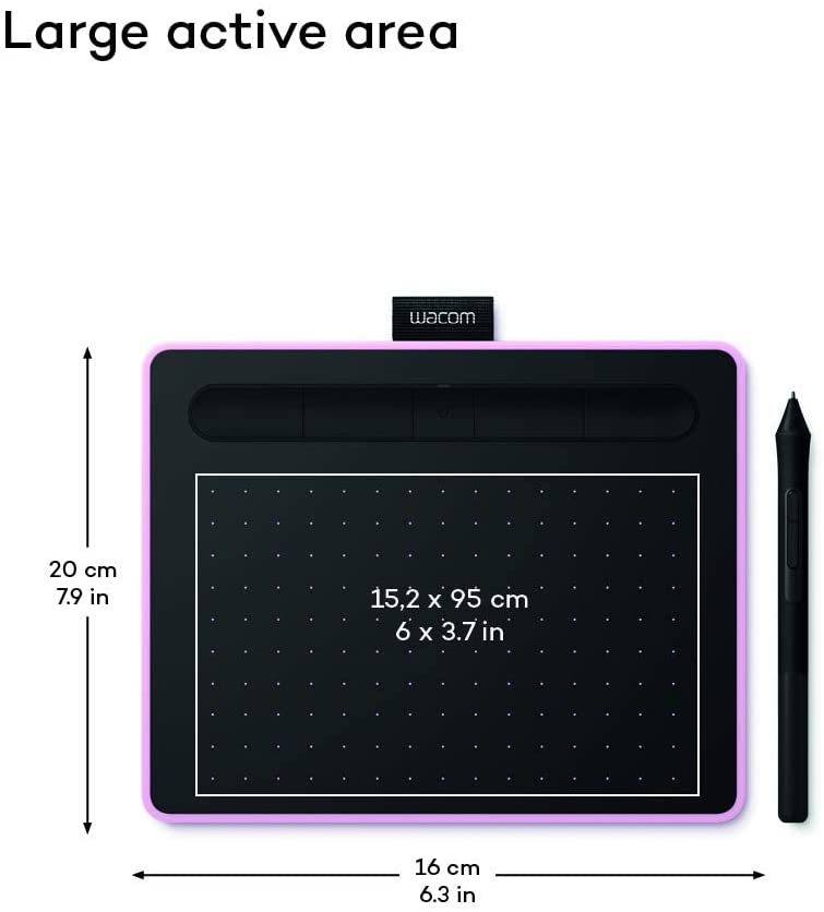 Total precision: a tablet resolution of 2540 LPI, an active surface of 200x160 mm (7 inch), four customisable ExpressKey buttons and the included stylus with 4096 pressure levels