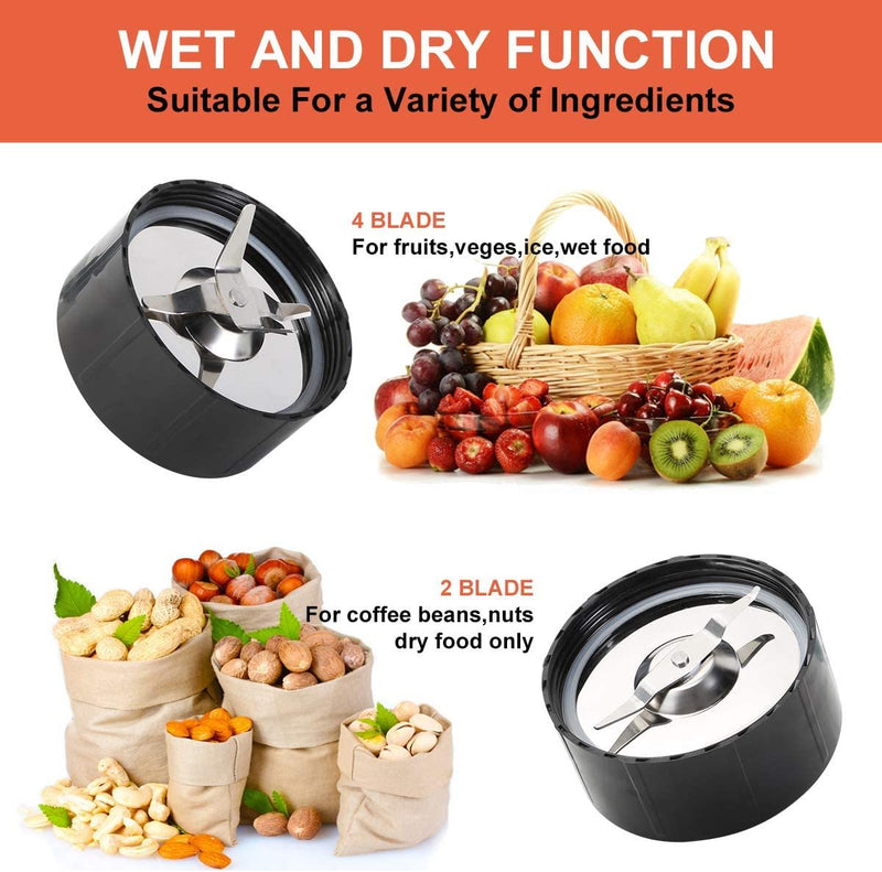Use the cross blade attachment to blend smoothies or to juice fruit and vegetables. The flat blade attachment should be used for grinding and crushing.