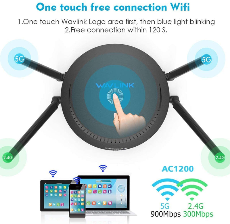 WAVLINK AC1200 Dual Band WiFi Router, 867Mbps/5GHz + 300Mbps/2.4GHz, 1x USB2.0 Port, Supports Touch Link, Guest Mode, for Home and Office