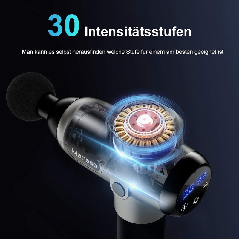 Mansso massage gun features 30 speed settings: up to 3300 percussions per minute.