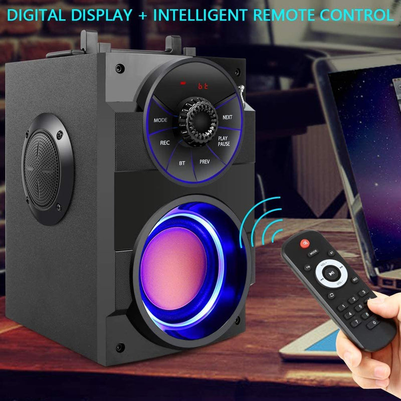 Interesting Features and Beautiful Lighting: The top of this portable speaker has a hand-held pull ring and a stand holder that can support the standing of mobile phones, tablets, etc. The light circle design of the subwoofer will bring good effects to the atmosphere, suitable for parties, dances, family gatherings and many other occasions